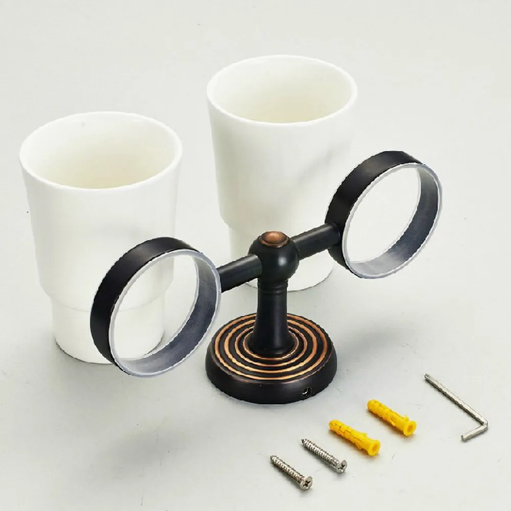 Soporte de cepillo de dientes de latón frotado con aceite negro con tazas dobles de cerámica accesorios de baño montados en la pared aba143