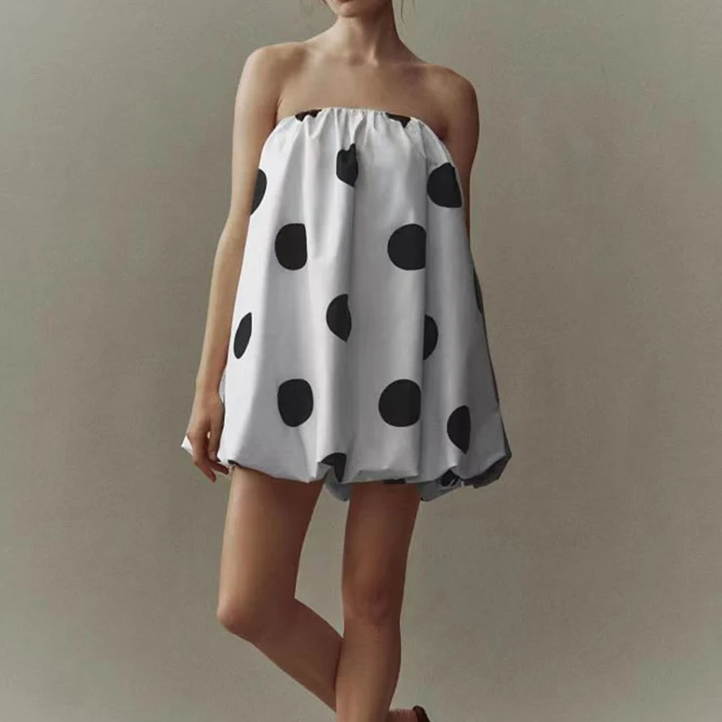セクシーなオフショルダーストラップレスショートドレスレトロ水玉プリントノースリーブミニドレス女性エレガントなハイトウエストルーズAラインドレス