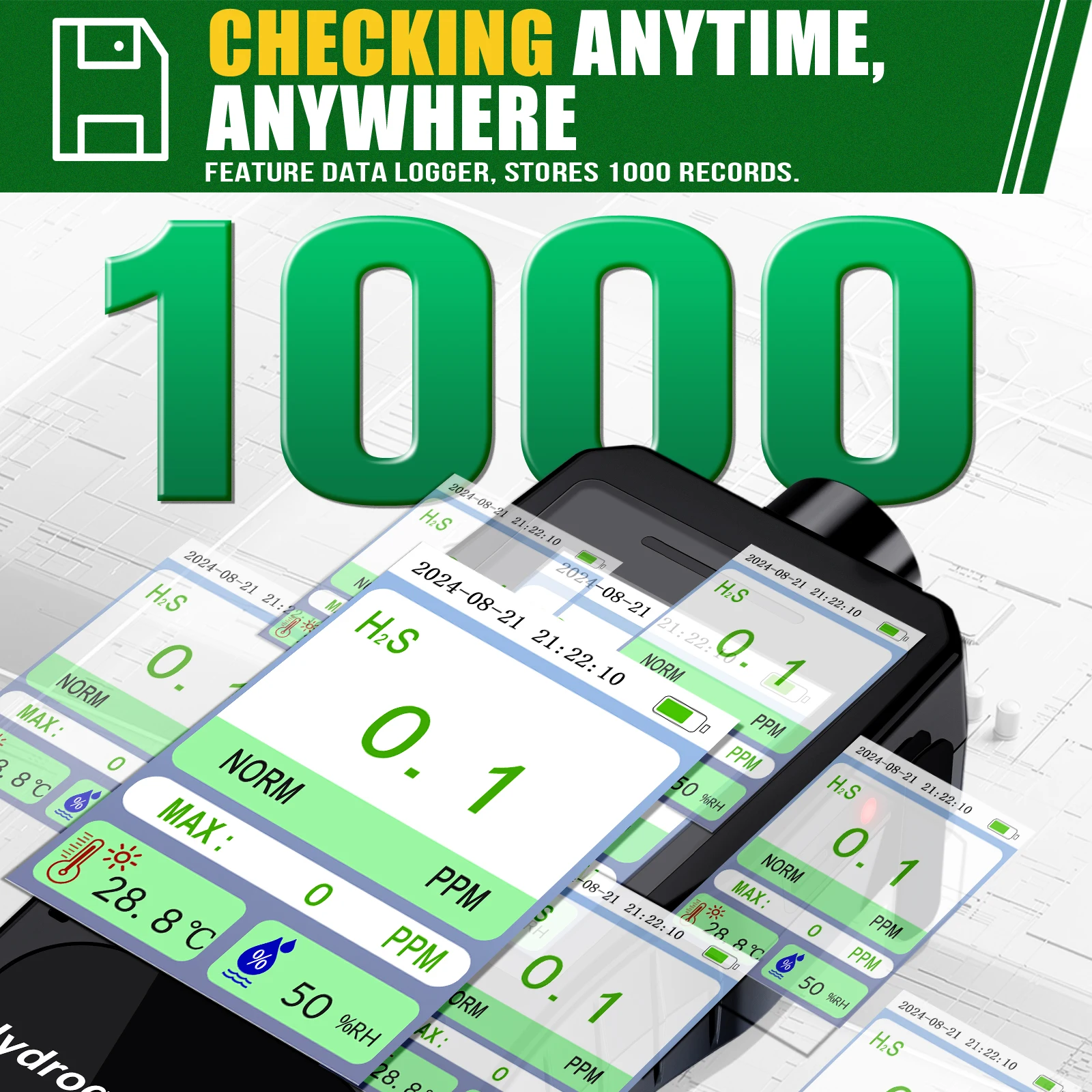 Hydrogen Sulfide Gas Detector 0-100 PPM with 3 Alarm Modes, 16H Long Battery Life, H2S Air Quality Meter with Temp & Humidity Te