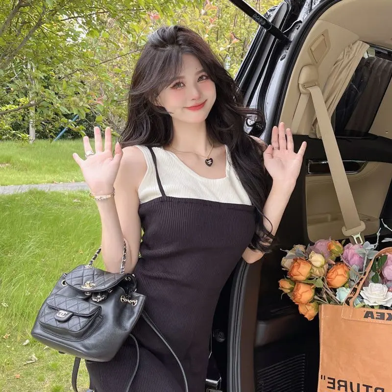 فساتين بدون أكمام للنساء مكونة من قطعتين منسوجة صيفية مثيرة صغيرة مرقعة تناسب كل مباراة على الطراز الكوري الحلو فساتين عصرية #6