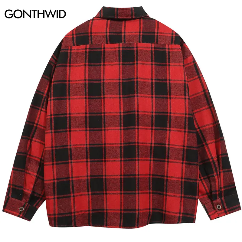 Mens Plaid Shirt Y2K Harajuku Embroidered Cartoon Cat Long Sleeve Shirts Hip Hop Vintage Casual Loose Cotton Blouse Tops Red