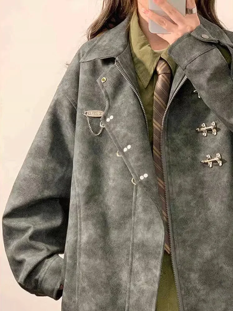 Oversize Leather Jacket for Men in Black Grey with Metal Buckles Trendy American Brand Spring Autumn Couple Outerwear