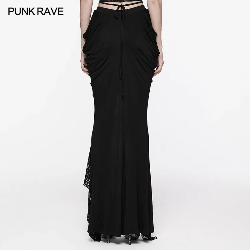 PUNK RAVE Women\'s Gothic Knitted Fabric and Lace Half Skirt Hip Side Pleats Designed Slim Sexy Party Club Black Long Skirts