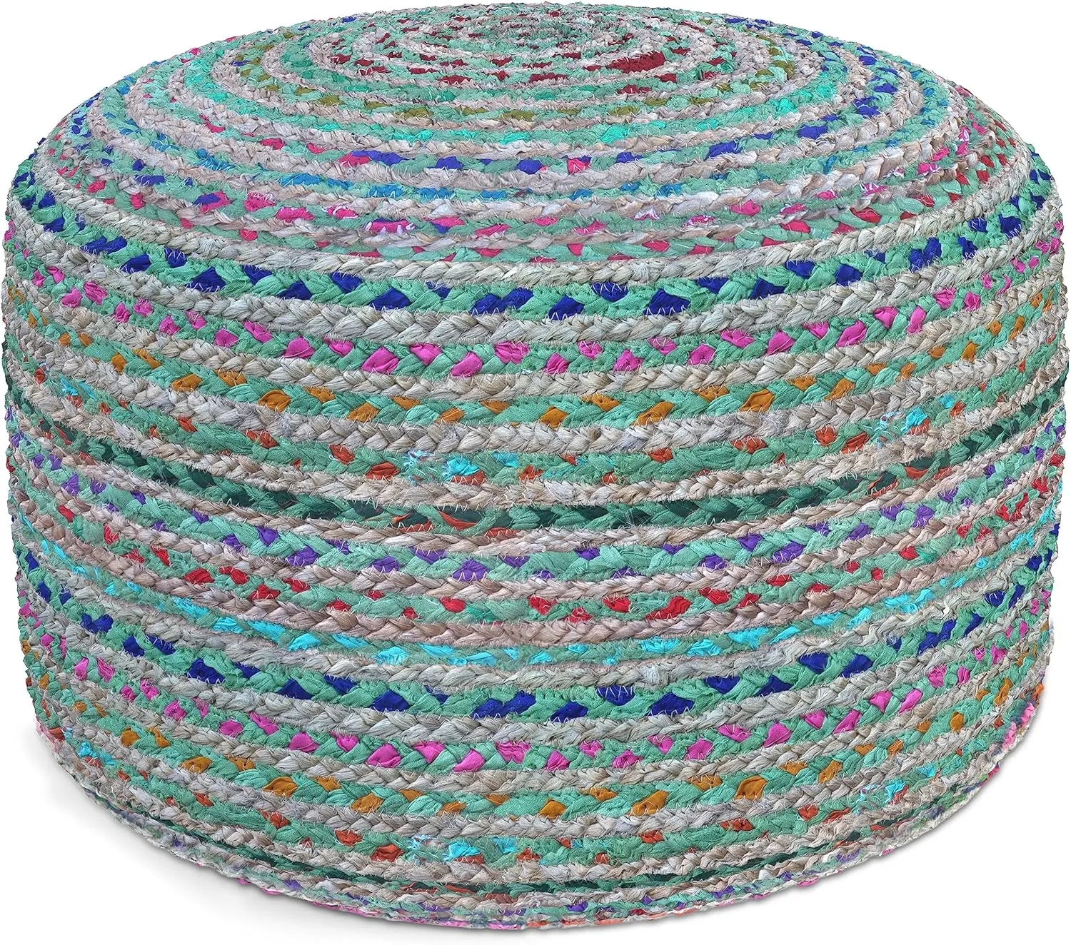 Margo 20 Inch Wide Boho Round Pouf In Green Braided Jute, For The Living Room, Bedroom And Kids Room