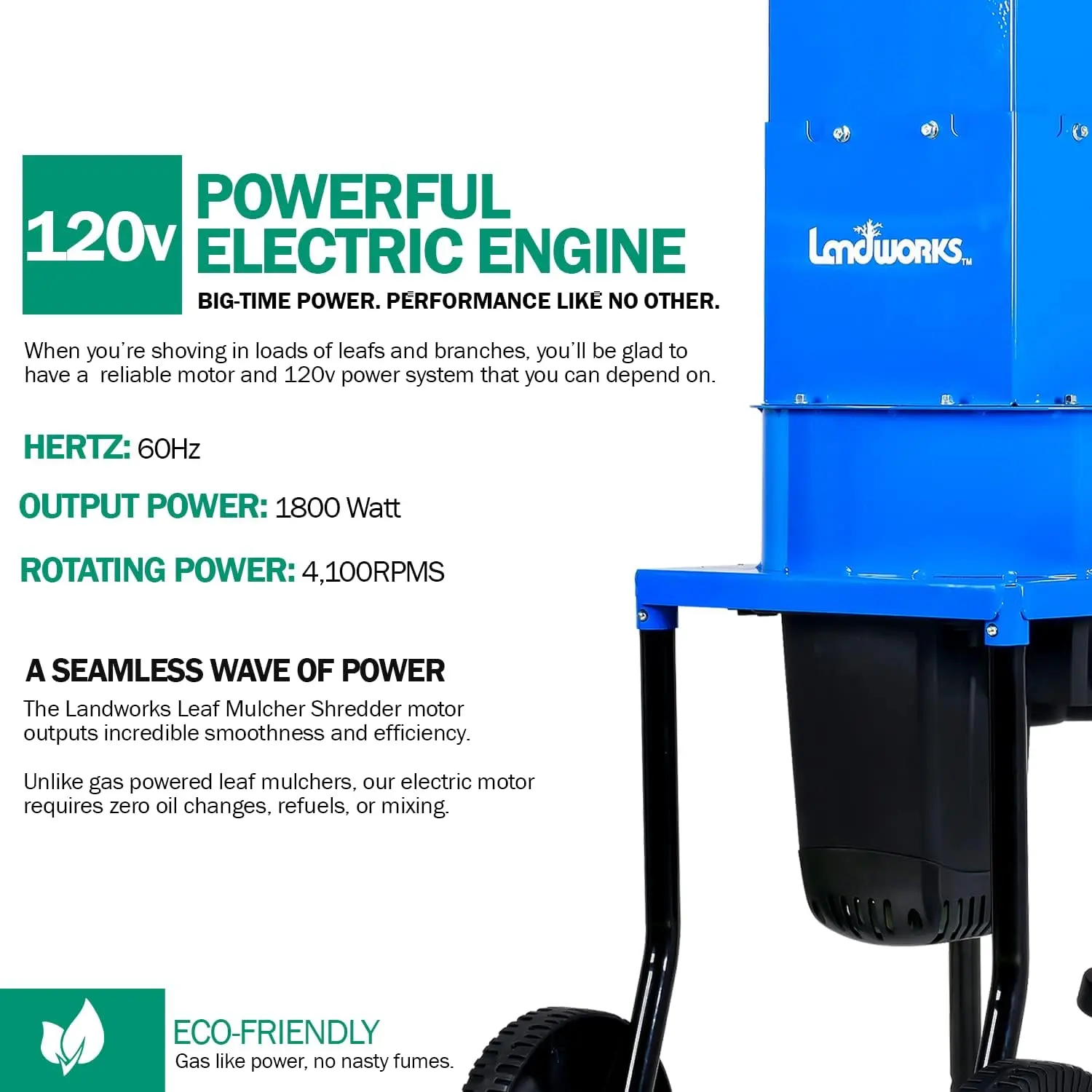 Landworks Leaf Mulcher 전기 녹색 및 폐기물 관리 파쇄기, 헤비 듀티, 120V AC 11 인치 커팅 블레이드,. 5 인치 커팅 C