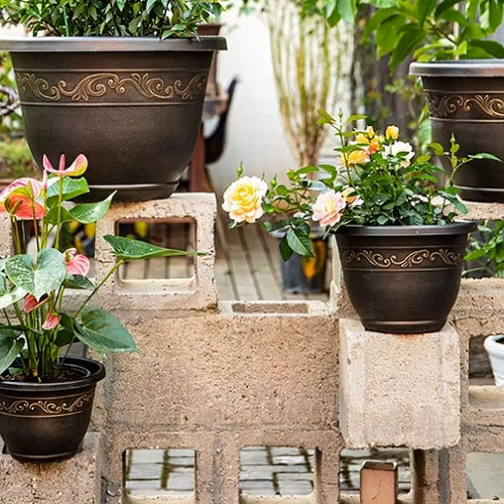 Resin Flower Pot Antique Copper Style Thickened Durable Garden Planter Suitable For Succulent Green Plant Indoor Display