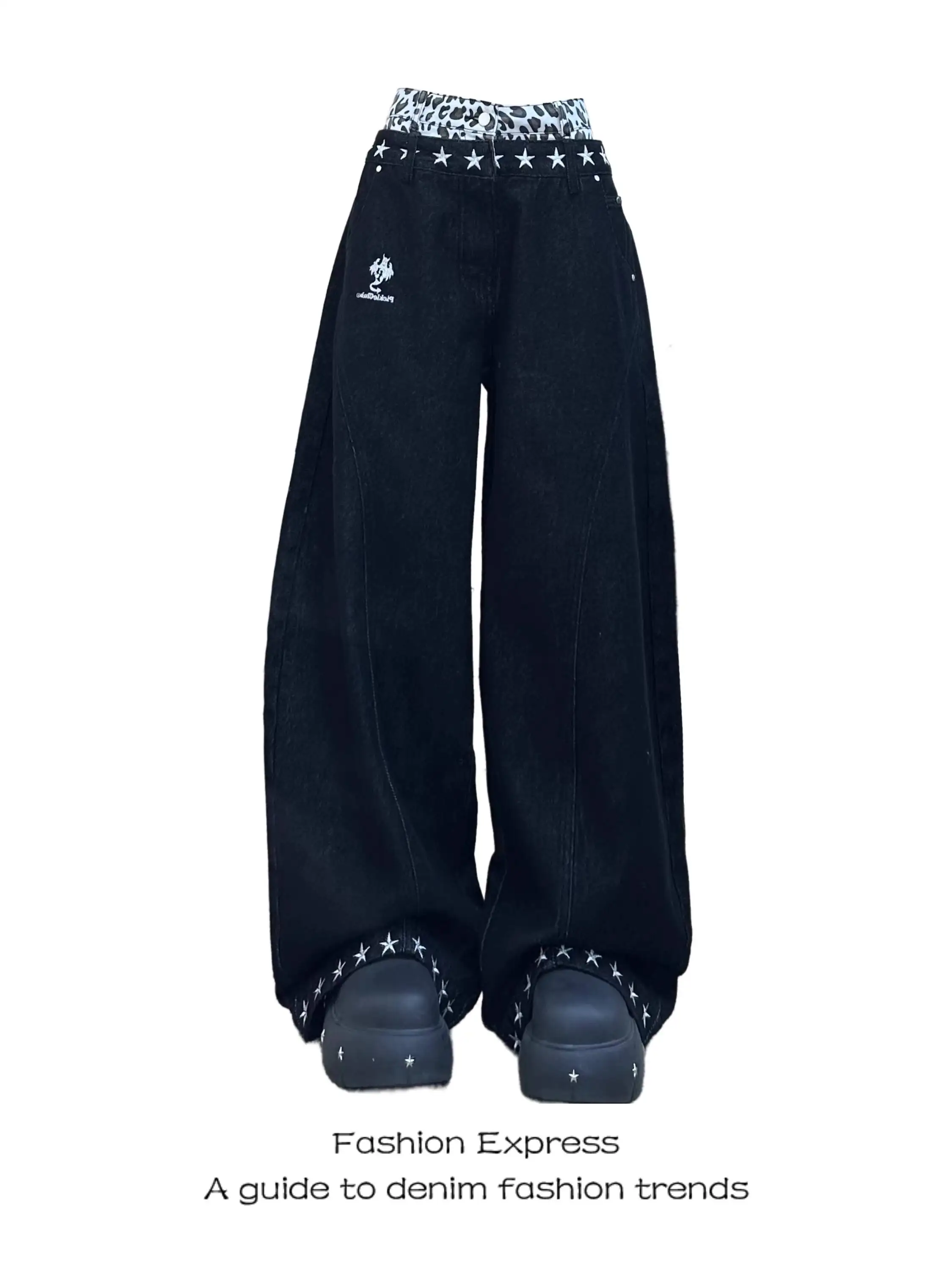 

Women's Jeans 2026 Spring Autumn Double Waistband Jeans New Retro Leopard Print High Waist Wide Leg Pants Fashion Denim Trousers