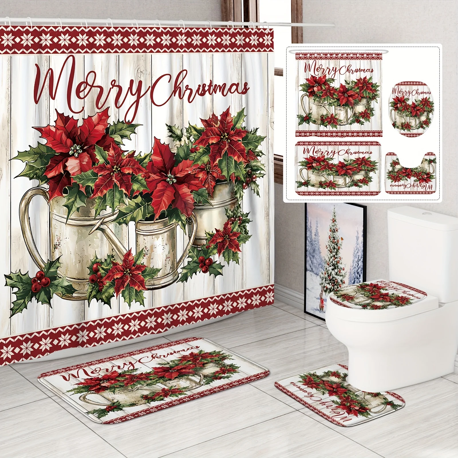4Pcs Xmas Bath Set – Poinsettia Snowflake, Red Green Farmhouse, Shower Curtain, 12 Hooks, Non-Slip Mat, U-Cover, Holiday Decor
