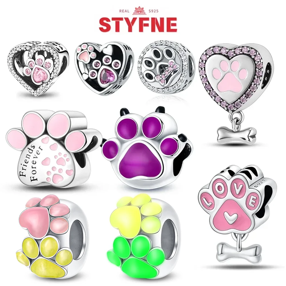 

Real S925 Silver Cat Dog Pet Paw Prints Series Charms Heart Love Beads Fit Original Bracelets DIY Jewelry Gift Accessory