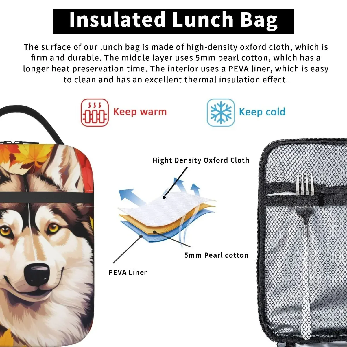 Autumn Fall Siberian Husky Dog Insulated Lunch Bag for Women Kids Portable Food Boxes Thermal Lunch Box Tote