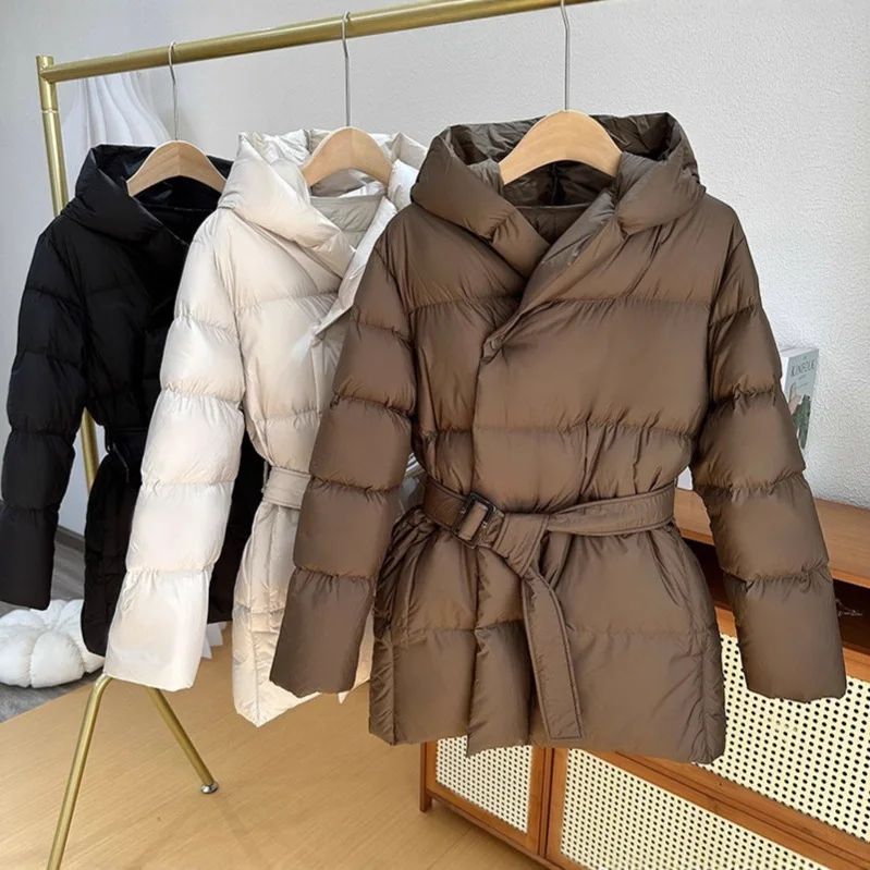 

90%White Duck Down Parka Lightweight Down Puffer Jacket Thickened Elegant Hooded Snow Parka Stylish Work Short Warm Coat