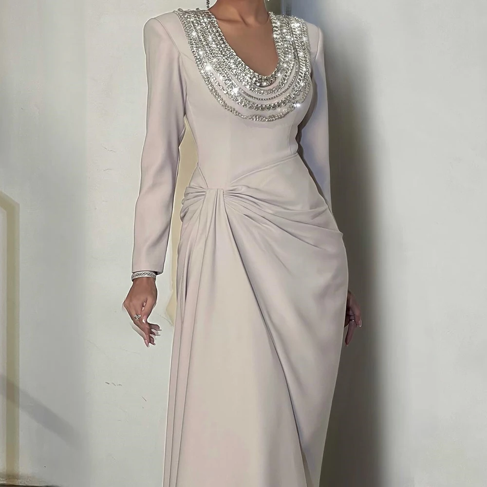 Robe de soirée trapèze personnalisée, longueur au sol, col rond, manches longues, robe de bal, mode cristal, Simple, plissée, drapée