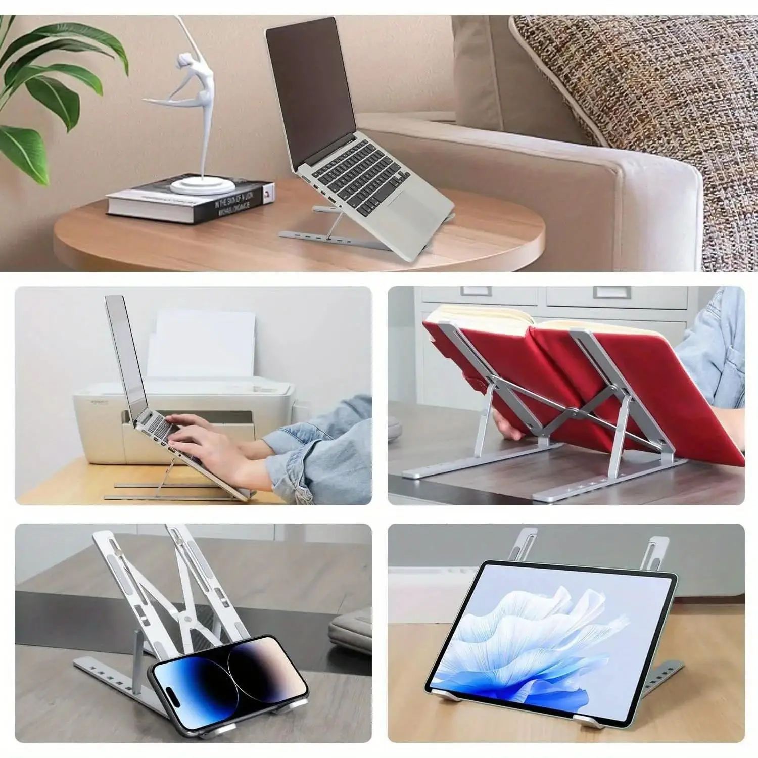 adjustable silver aluminum laptop and tablet stand shown from the back side highlighting its sleek design and versatility