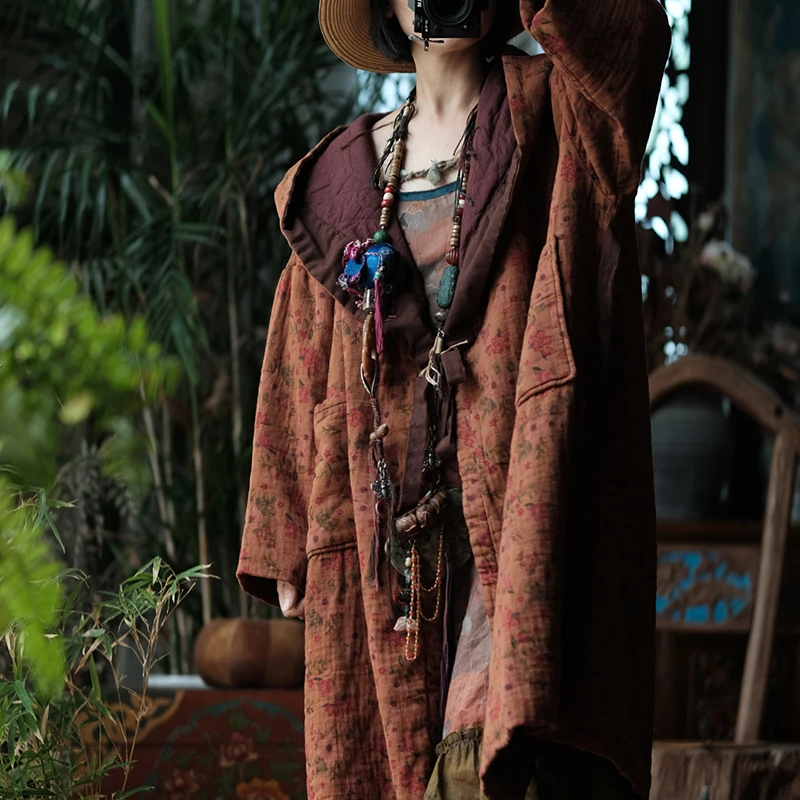 

Oversized Women Hooded Trench Coats New 2025 Autumn Vintage Style Floral Print 100% Cotton Female Casual Long Jackets M2027