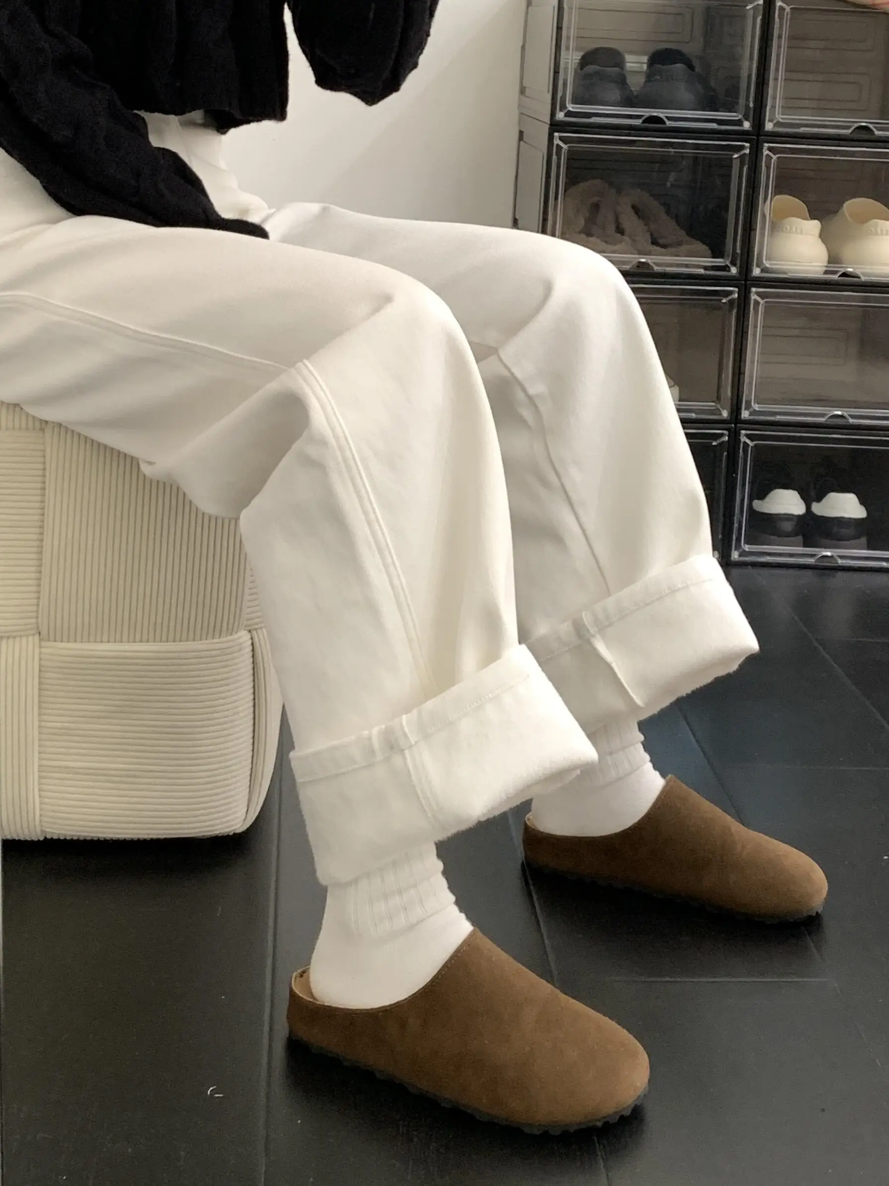 

Женские джинсы прямого кроя на флисовой подкладке, зимние, больших размеров, свободные, широкие штанины, утягивающие, с высокой талией, повседневные, для работы и отдыха