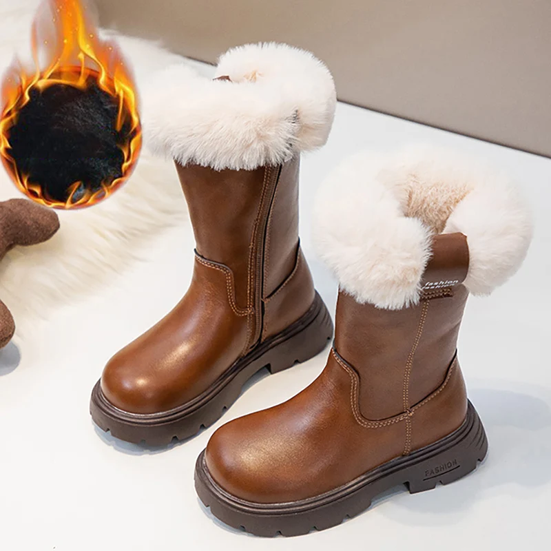 Winter Plush Boots For Girls PU Leather Faux Fur Teenager Girl's Snow Boots Calf Length Winter Long Boots For Girls Warm Shoes