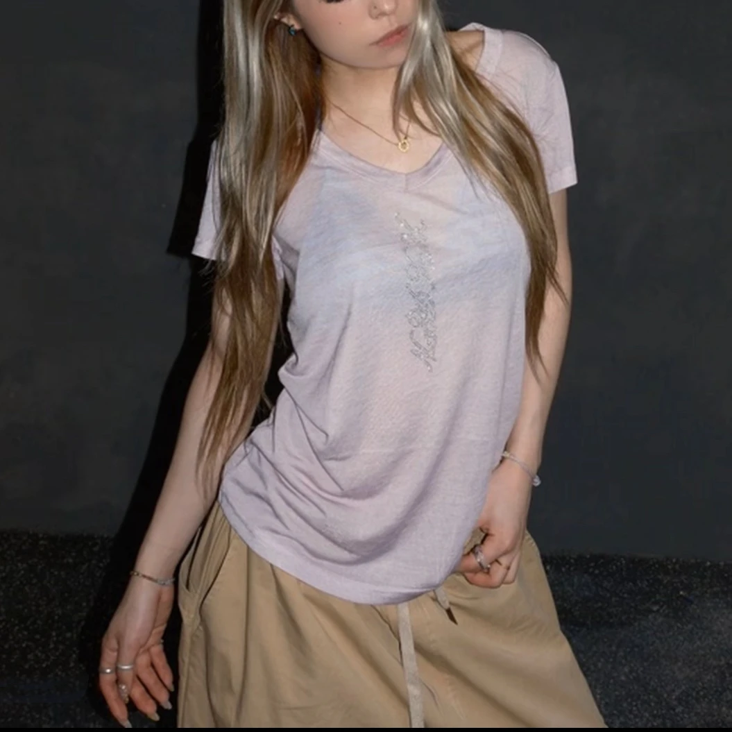 American Retro Rhinestone V-Neck Short Sleeve Loose Soft Breathable Women's T-Shirt Jazz Atmosphere Semi-Transparent Base Shirt