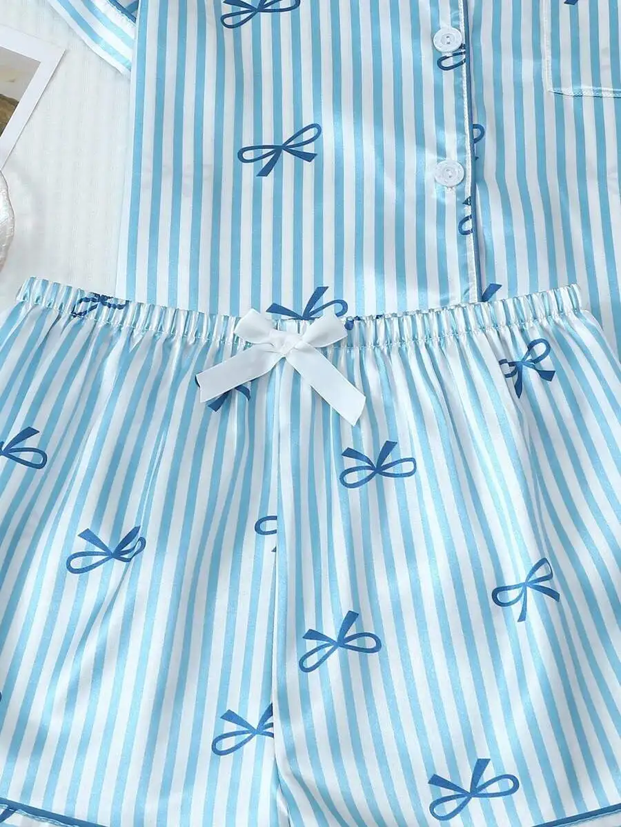 

2pcs Satin Striped Bow Print Short Sleeve Collar Top And Shorts Women Pajama Set Spring Summer
