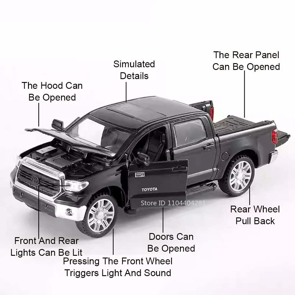 1:32 ハイラックスピックアップ タンドラ 合金ダイキャストモデル おもちゃ 車 サウンドライト プルバック ドア開閉 ミニチュア車両 子供向けホリデーギフト