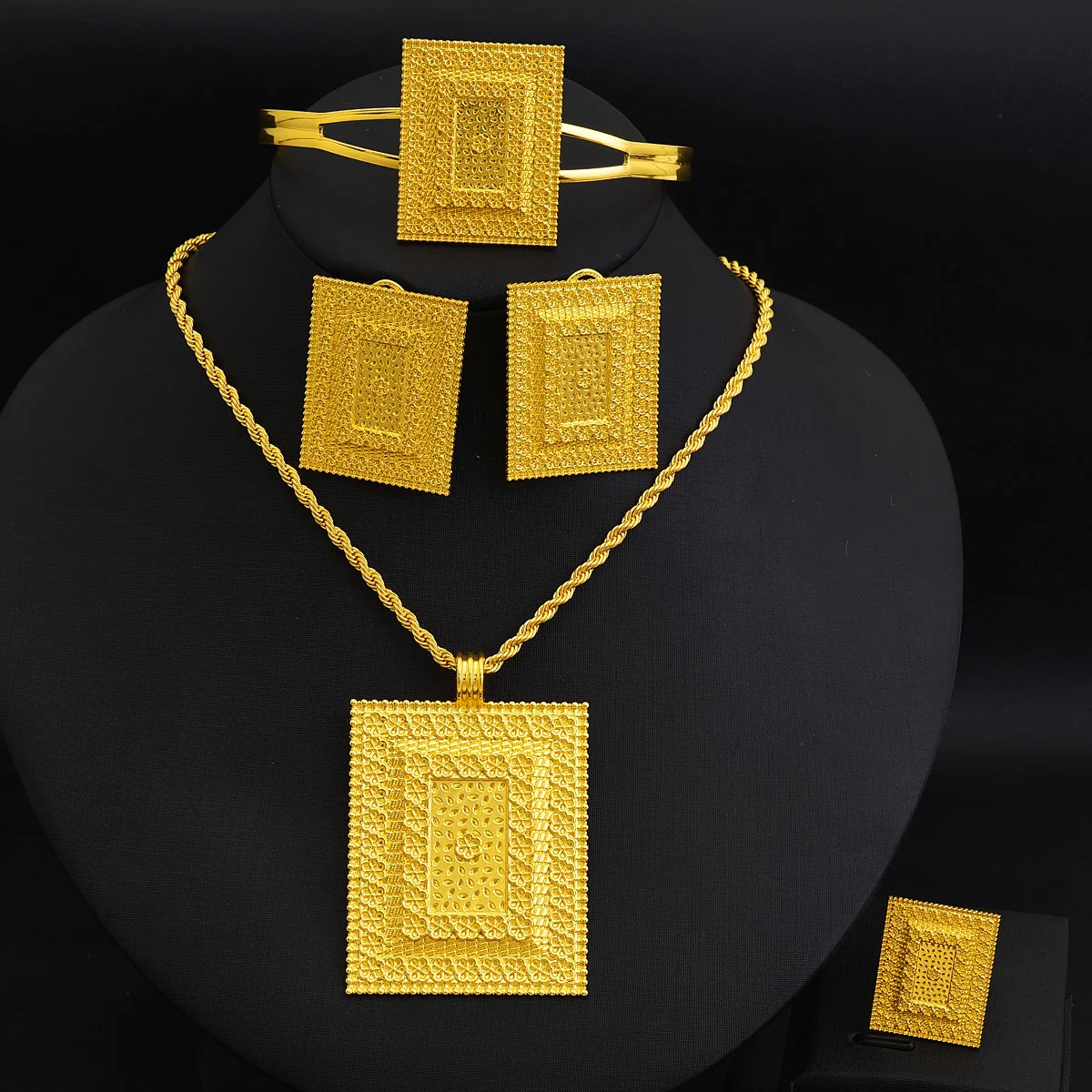 Ethiopian Jewelry sets Pendant Earrings Ring Bangle 4-Piece Sets African Eritrean Wedding Engagement Ethnic Gifts #124
