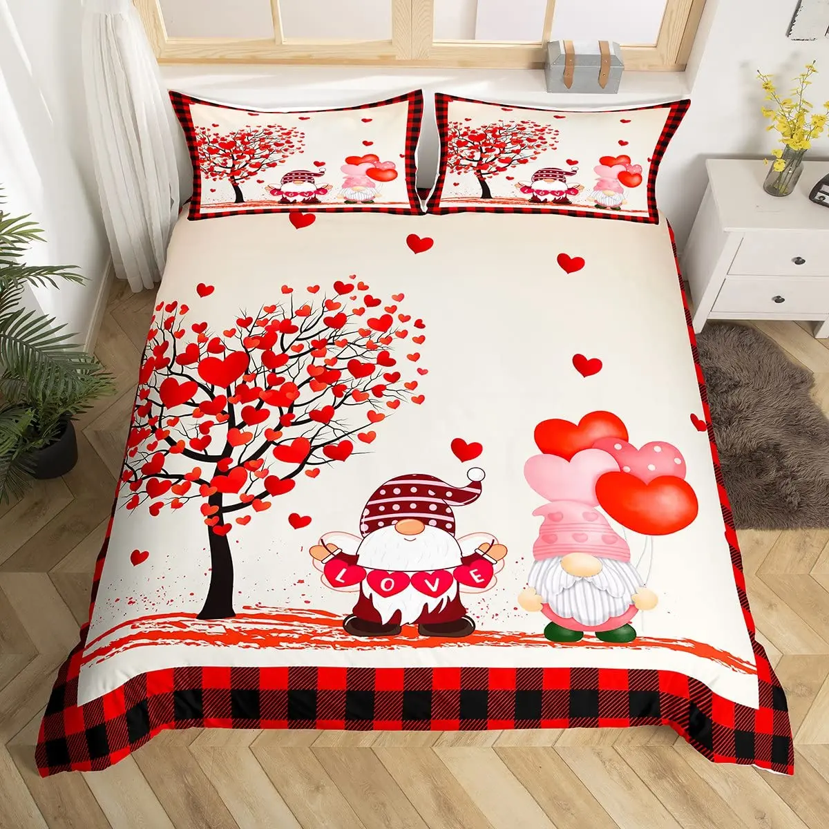 

Happy Valentine's Day Duvet Cover King Cute Love Red Heart Shaped Comforter Cover Romantic Pink Couple Style Modern Bedding Set