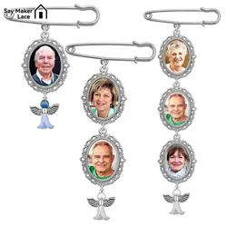 Wedding Boutonniere Oval Bouquet Charm Pin Brooch Angel Wing Photo Charm Mother of The Bride Or Groom with Lacy Frame