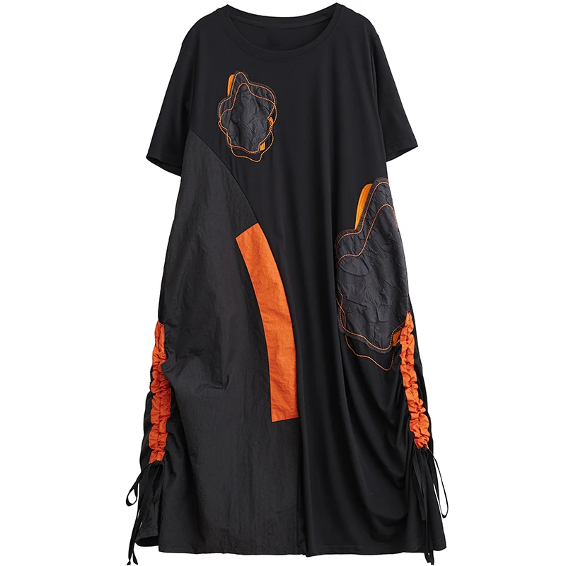 Vestido Longo Casual Solto com Cordão na Barra, Estilo Artístico, Bloco de Cores, Bordado, Efeito Emaecedor, Tamanhos and...