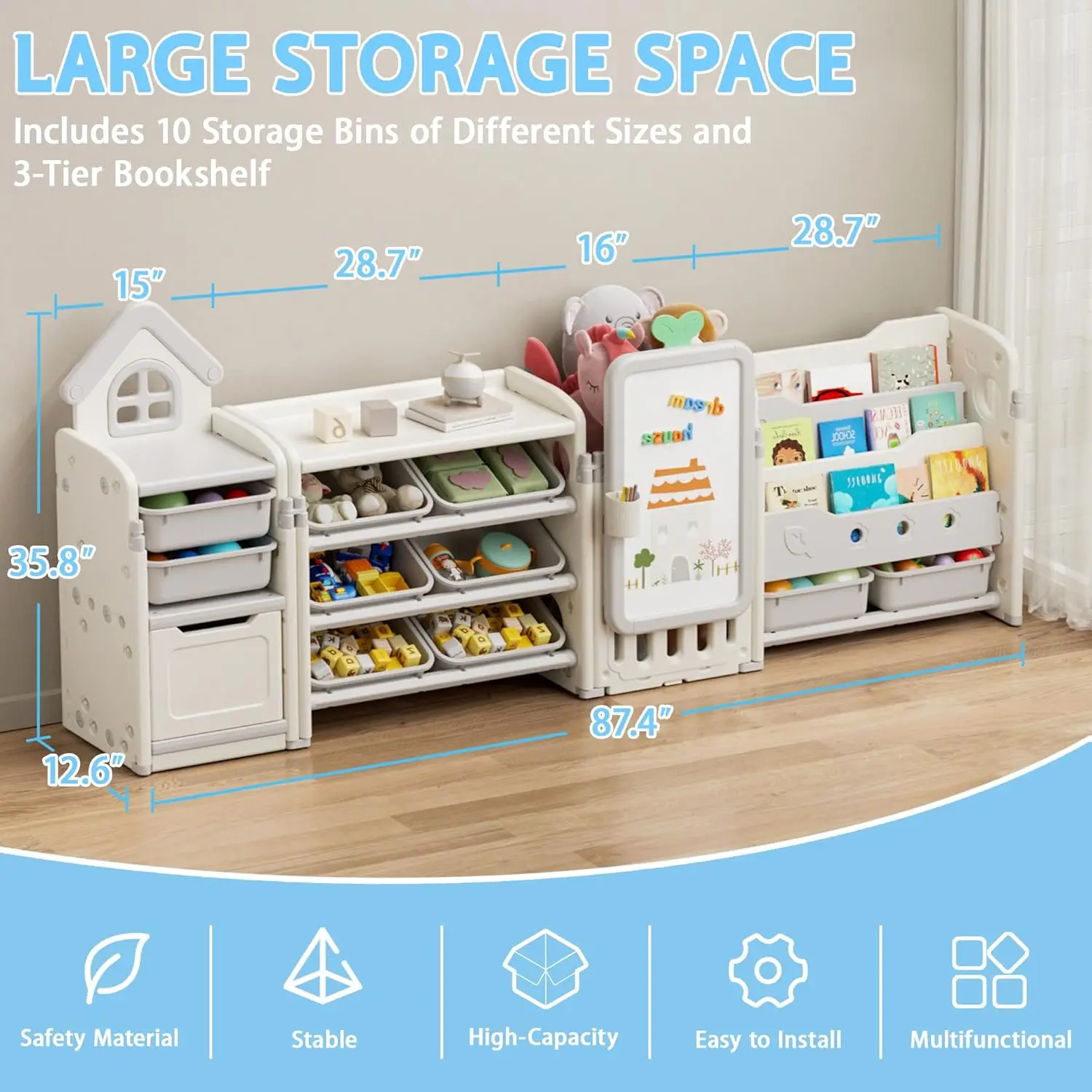 Foldable Kids Toy Storage Organizer with 10 Removable Bins and 3-Tier Bookshelf, 4 in 1 Multifunctional Large Toy Organizer with Drawing Board for Kids Bedroom Playroom Living Room, Off-White