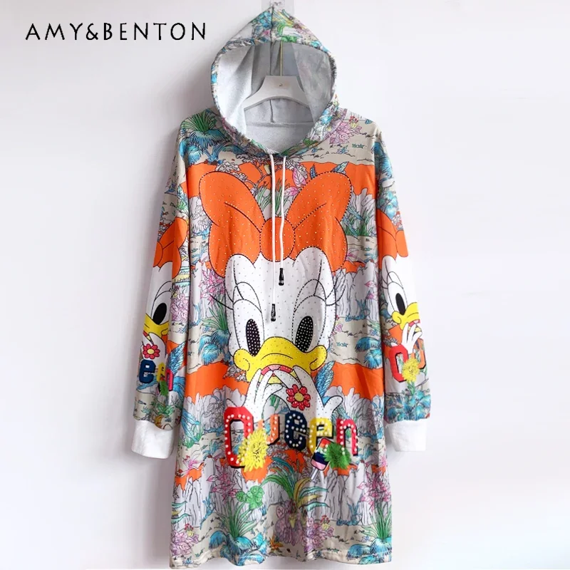 

Potdemiel 2024 Spring Printed Cartoon Heavy Handmade Beads Rhinestones Hooded Terry Cotton Sweater Dress Oversize Top Sweatshirt