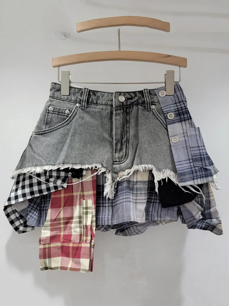 [EWQ] Contrast Color Patchwork Plaid Spliced High Waist A-line Denim Shorts Irregular Skirt For Women 2024 Spring Summer 16U8784