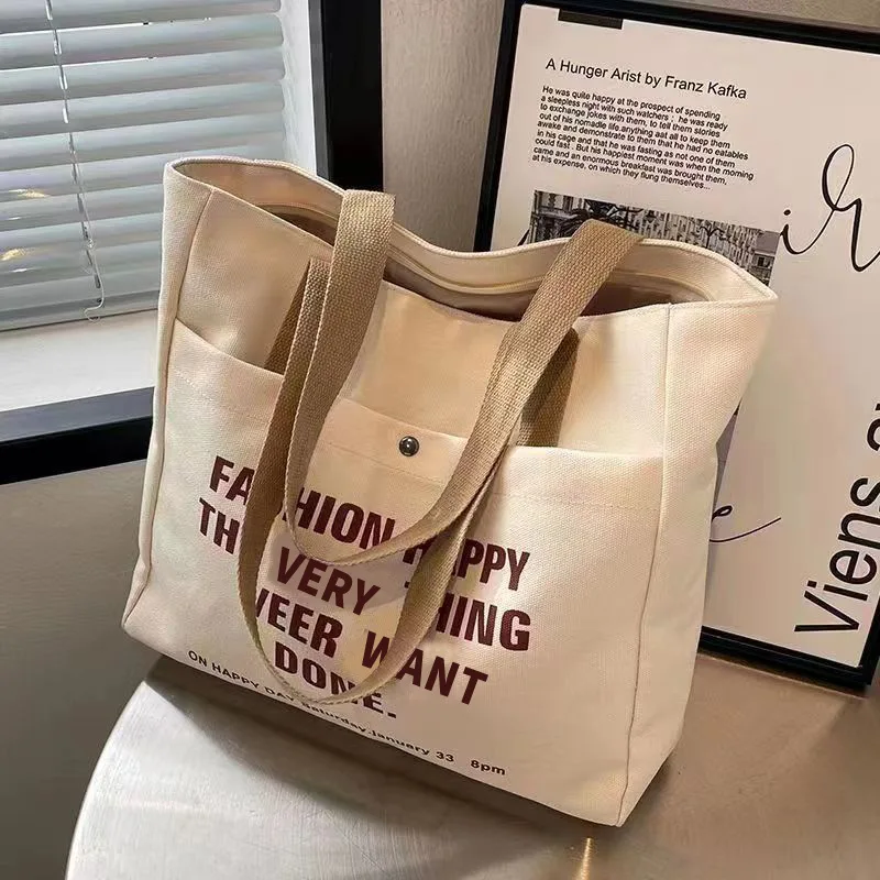 Female student canvas bag Korean version large capacity letter shoulder bag handbag simple fashion canvas bag tutoring handbag