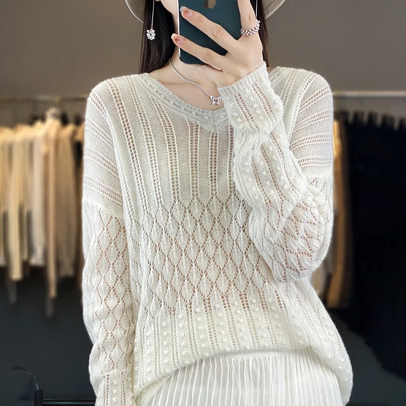 Autumn and winter new 100% pure wool female V-neck hollow sweater loose versatile temperament knitted cashmere bottoming shirt.