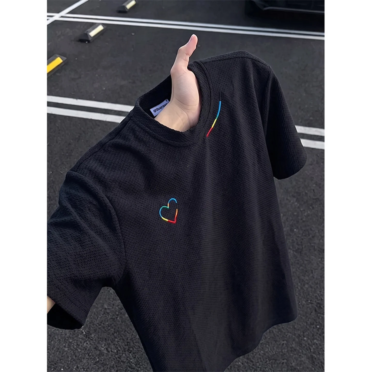 Black Breathable Dragon Scale Embroidery Short Sleeve Men's Summer T-Shirt Design Loose Half Sleeve Top Shoulder Width