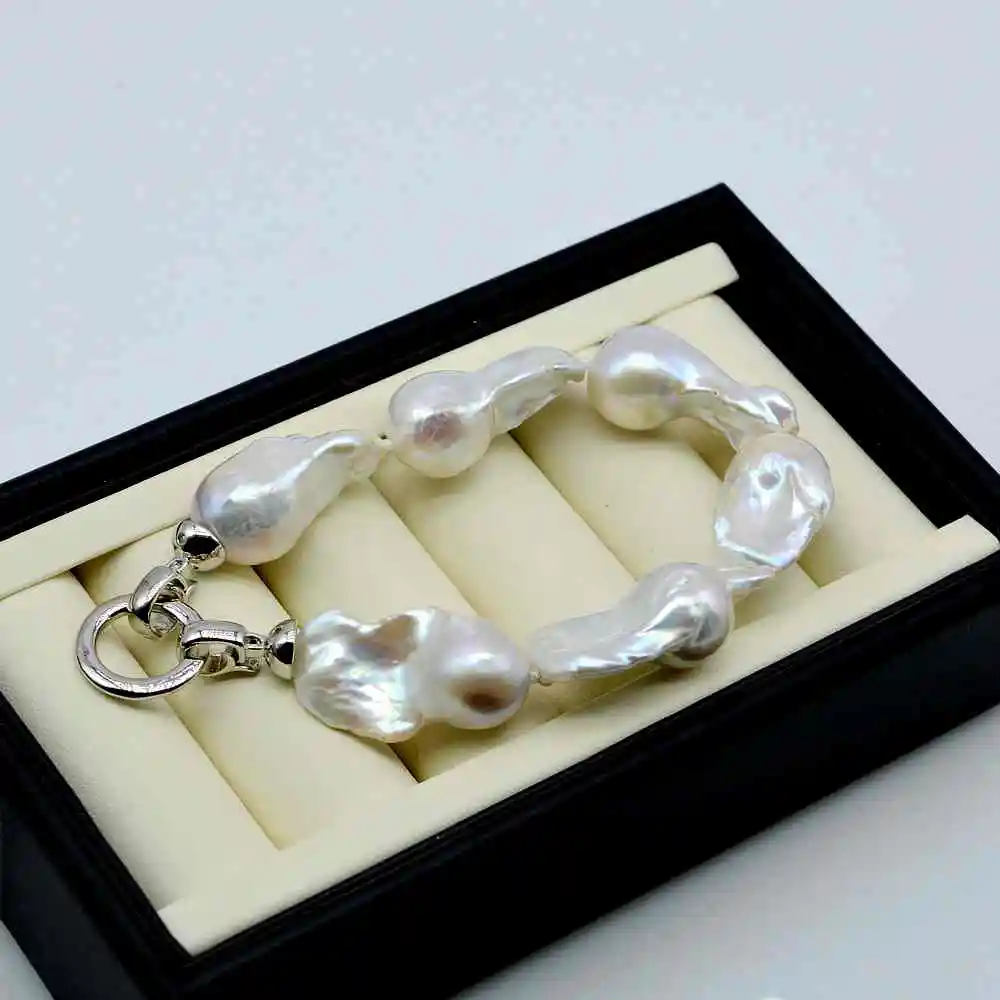 Ladies Large Baroque Bracelet Diameter 17-20mm Natural Freshwater White Pearl Irregular Shape Flame Ball Large Pearl Bracelet