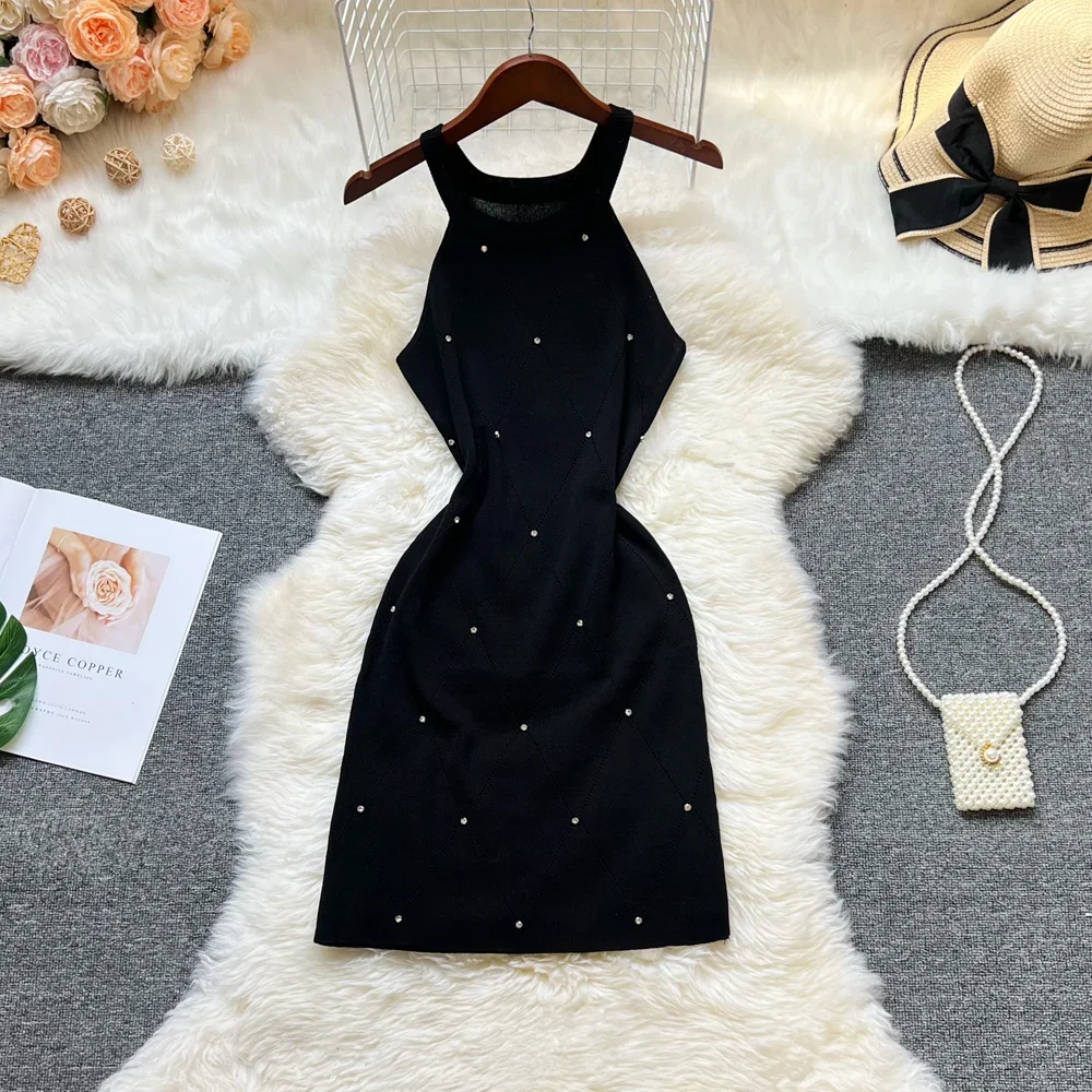 Summer New Hot Sexy Package Hips Knitted Dress Women Fashion Y2K Diamonds Bodycon Dress Streetwear Lady Outfits