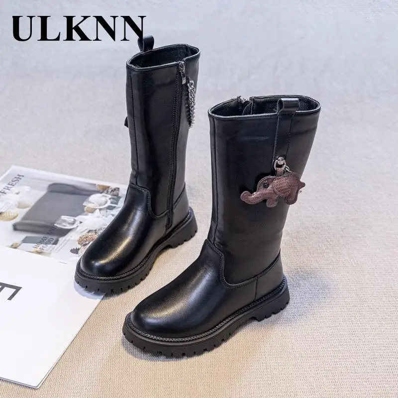 

Girl's Boots Children Add Cotton Boots Girls Of New Black Leather Shoes 2023 Autumn Winters High Boots Autumn Leather Boots