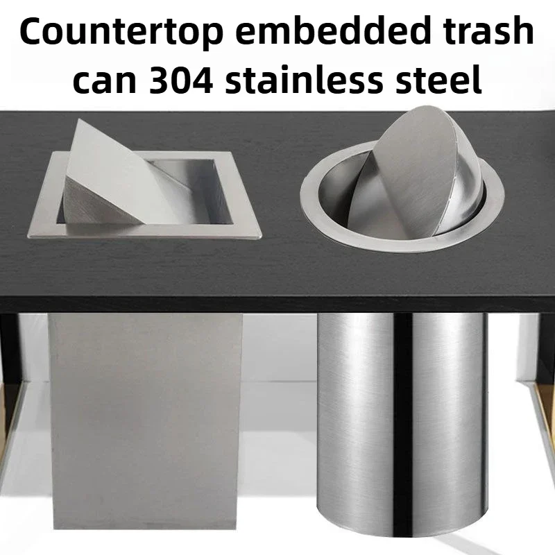Flush Recessed Stainless Steel Kitchen Sink Trash Can Built in Flap Lid Waste Bin Counter Top Garbage Can Kitchen Cleaning Tools