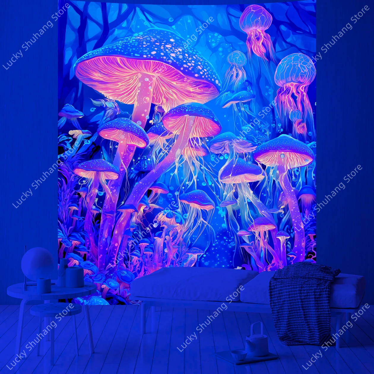 Fantasy Glow Cave UV Tapestry with Giant Mushrooms and Bioluminescent Jellyfish Wall Hanging for Bedroom Living Room Decor