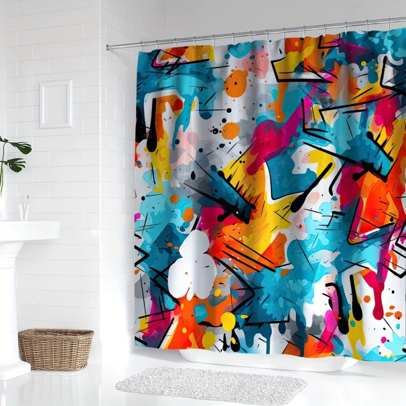 YWJHUI Artistic Graffiti Geometric Pattern Shower Curtain, Digital Print Colorful Polyester Water-resistant Curtain with Hooks,