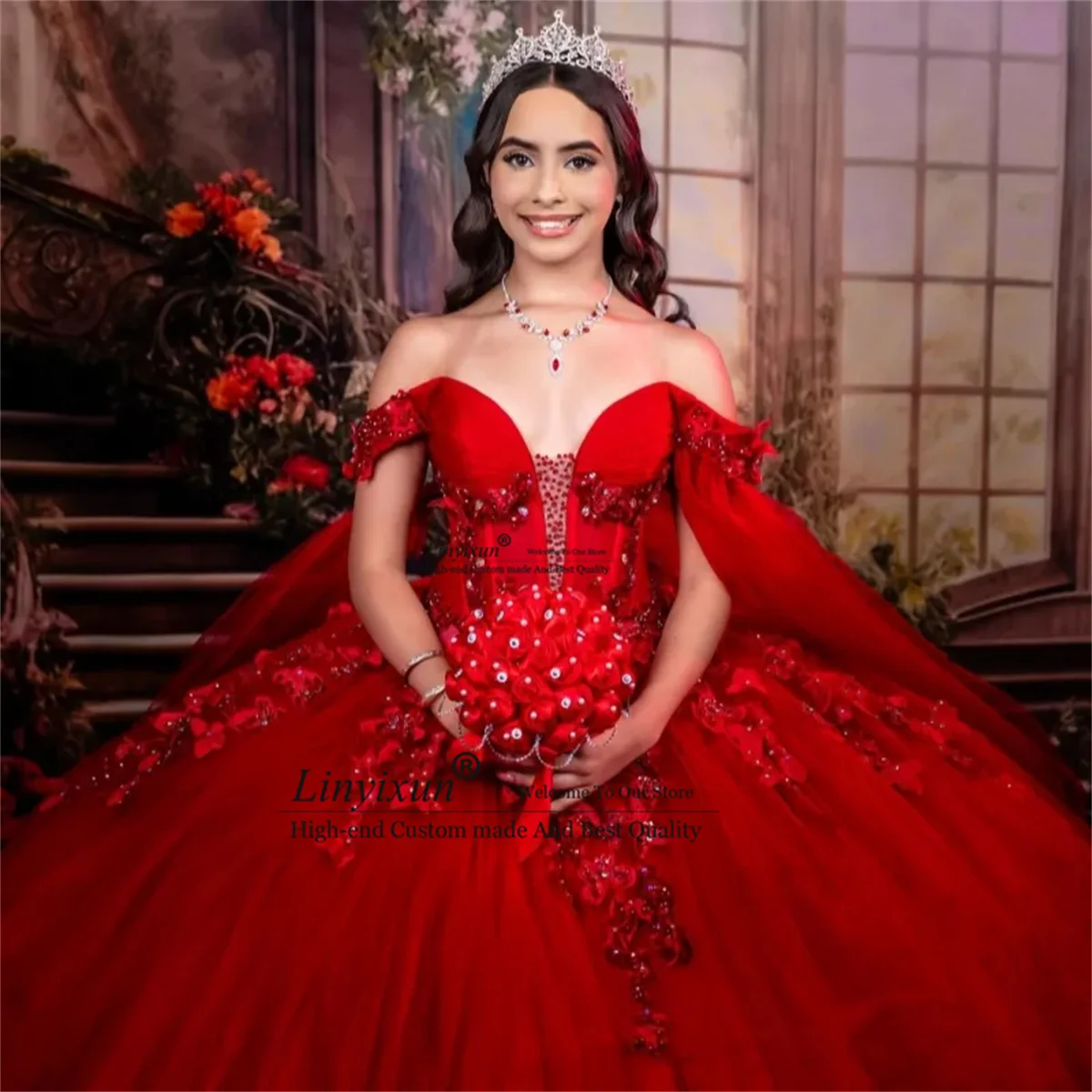 Mexican 3D Floars Quinceanera Dresses Customized Appliques Lce Sweet 16 Gown Birthday Ball Gown Corset Vestido De 15 XV Anos