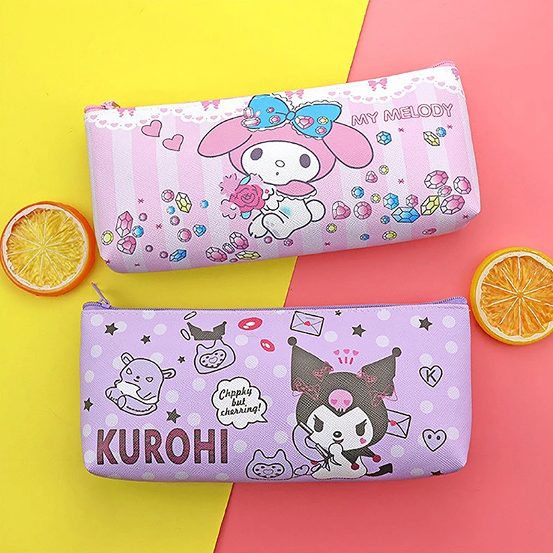 Estuche de lápices de dibujos animados Sanrio Cinnamoroll Kuromi Melody, bolsa de papelería de PU, bolsa de lápices impermeable, regalo de papelería para estudiantes