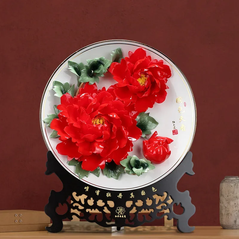 Home Living Room Decoration Hanging Plate, Chinese Ceramic Handmade Art Gold Border Peony Flower Porcelain Plate, Gift Box