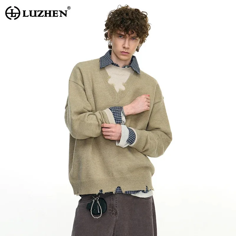 

LUZHEN Sleeve Men's Long Personalized Design Fake Two Piece Knitted Pullover 2025 Autumn Winter Fashion Handsome Sweater JY5578