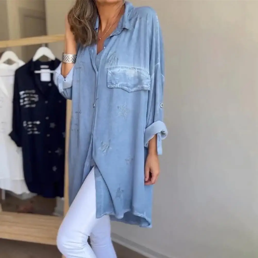 

Boyfriend Style Shirt Stylish Women's Denim Shirt Lapel Long Sleeve Boyfriend Style With Buttoned Tie Cuffs Single Breasted