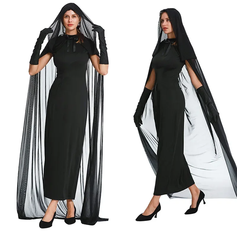 Vampire Cosplay Game Costume Horror Demon Ghost Bride Black Gauze Maxi Dress Halloween Witch Cape Medieval Witch Veil Four Piece