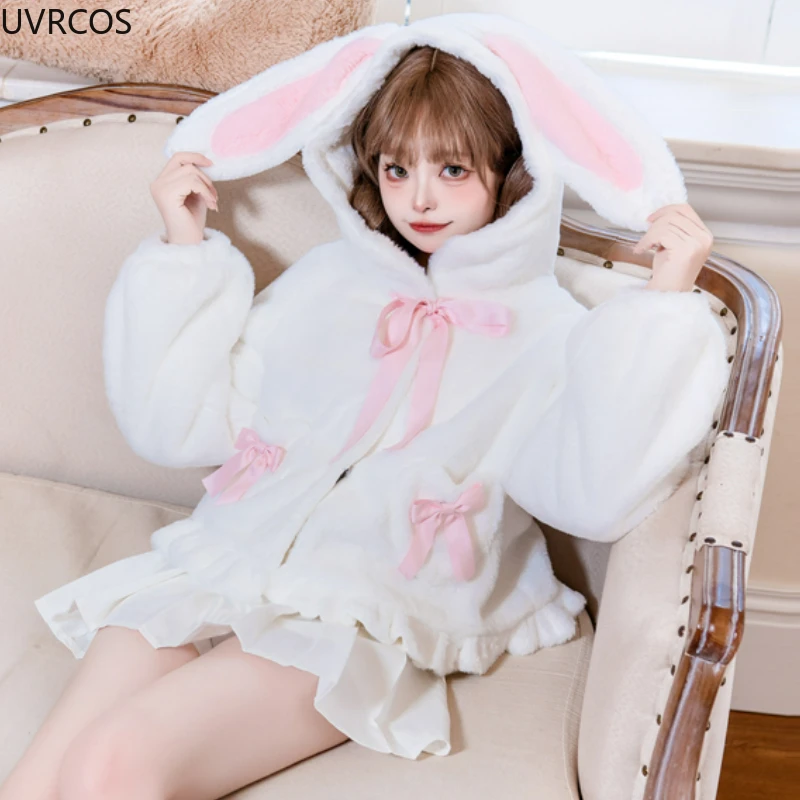 Winter Kawaii Warm Plush Coat Casual Faux Fur Women with Bunny Ears Outwear Jacket Female Korean Style Cute Hoodie Overcoat 2023