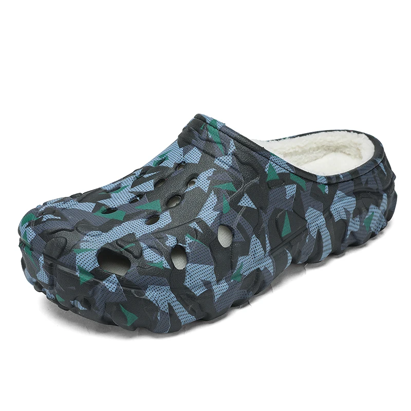 Mens Clogs Winter Indoor Fur Slippers With Plush Half Shoes Keep Warm Home Cotton Shoes Garden Slip-On Sandals Backless