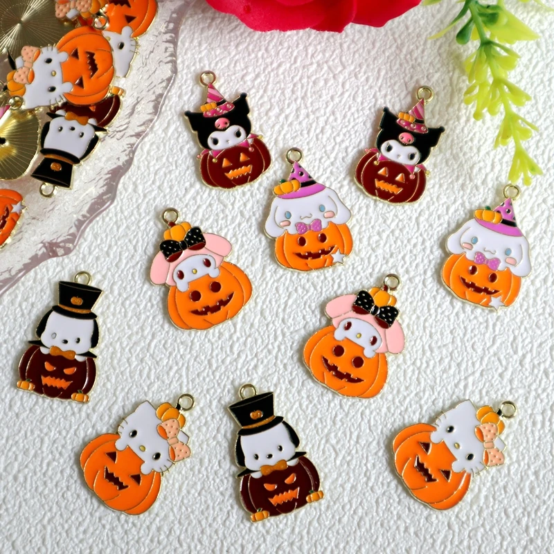 10pcs Bigger Anime Kawaii Sanrio Kuromi Hello Kitty Halloween Pumpkin Alloy Pendant Metal Charms DIY Keychain Jewelry Accessory