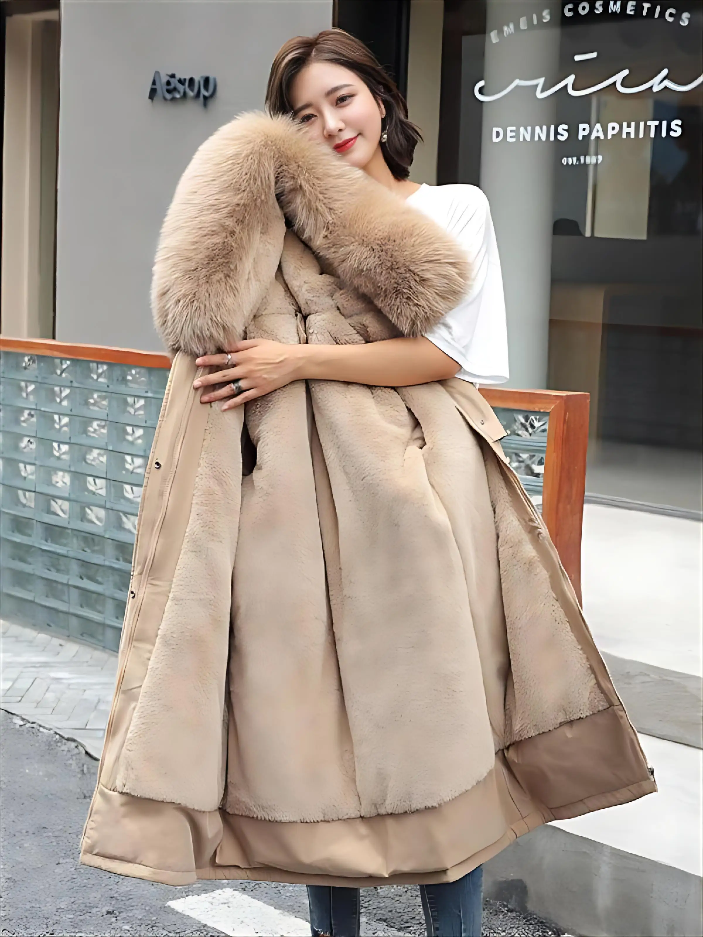 

Parkas Real Womens Autumn Wrap Leather Over-The-Knee Stretch Thicken Sherpa Bow Neon Ribs Cozy Waistband Lapel Stripes Lined Hot