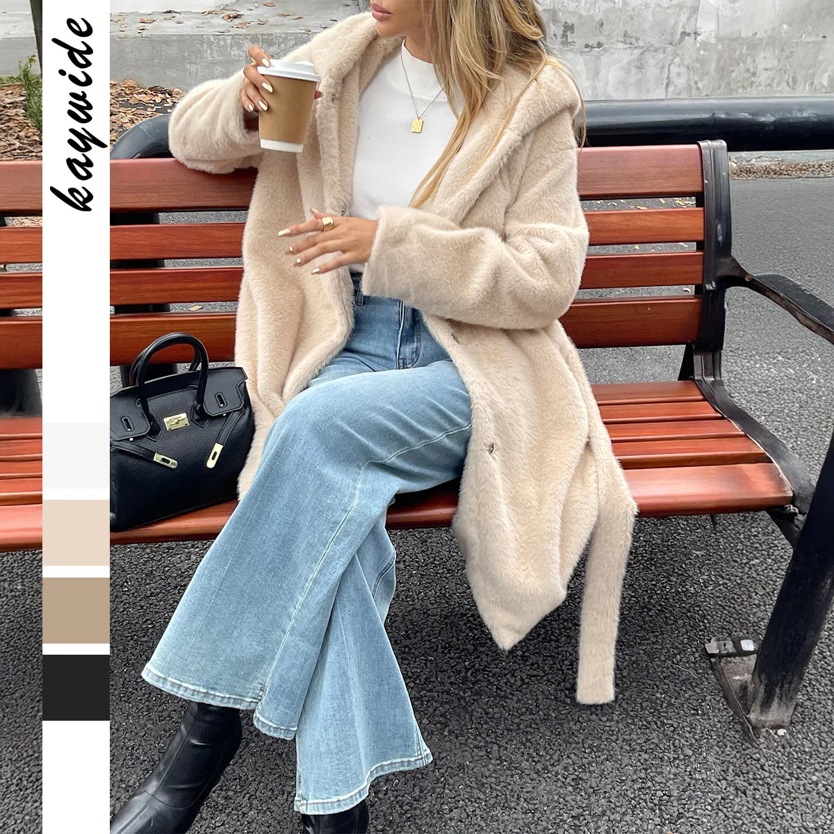 

Lace Up Autumn Women's Woolen Jacket Fleece Lined Single Breasted Hooded Female's Fur Coat Luxury Long Plush Outwear For Lady